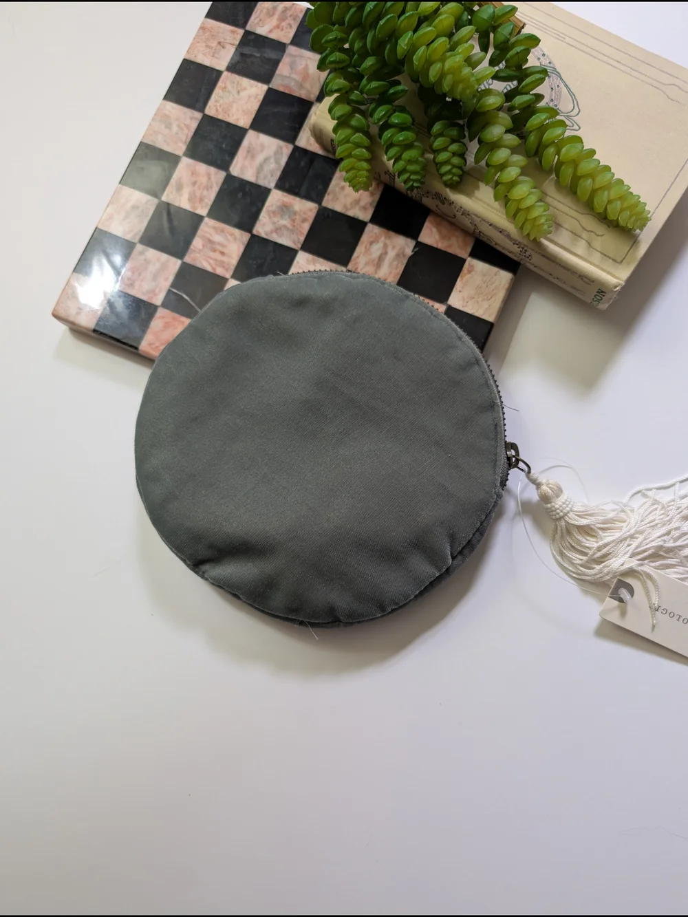 Anthropologie Embroidered Gray Pouch with Beaded 'R' Monogram and Tassel NWT